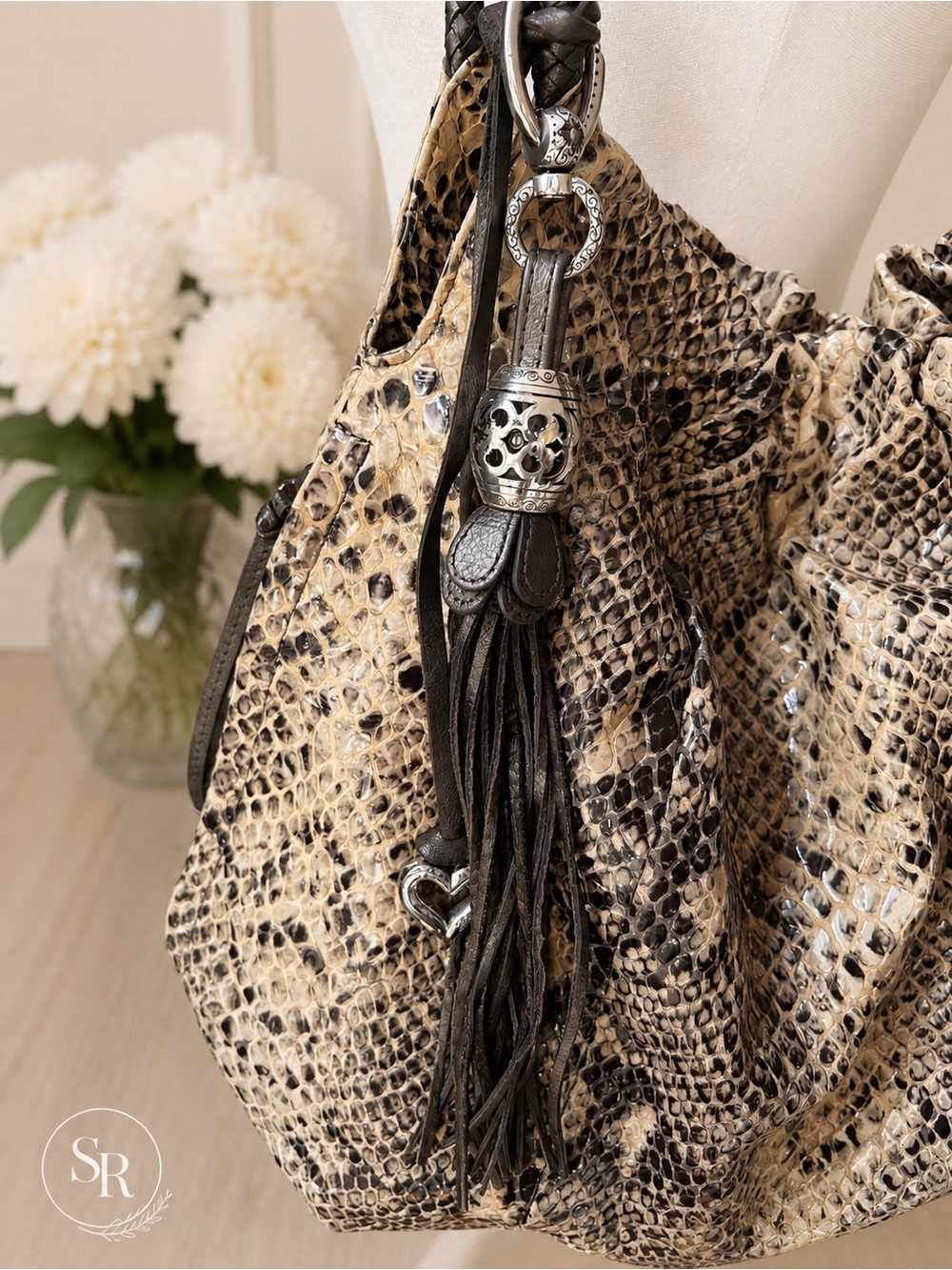 Brighton Nolita Snakeskin Print Leather Hobo Bag Python Tassel Large - Picture 3 of 13